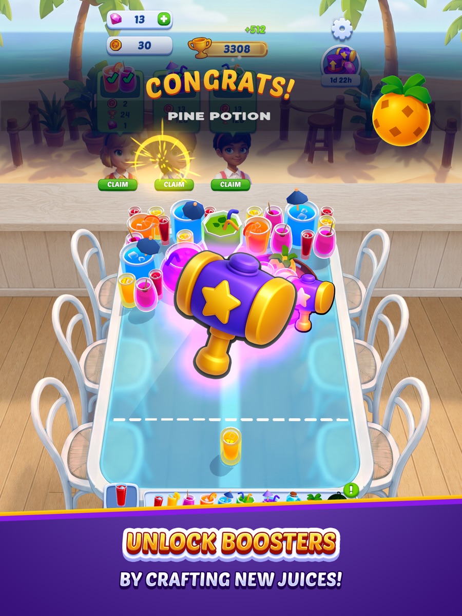 Congrats screen showing the Pine Potion drink unlocked along with a hammer booster