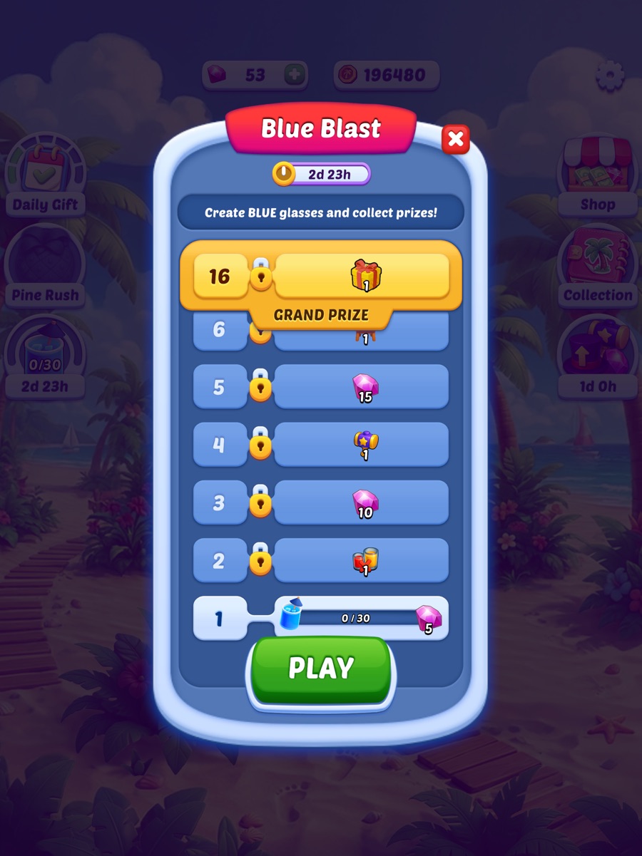 Blue Blast limited-time event screen with a prize ladder for creating blue glasses