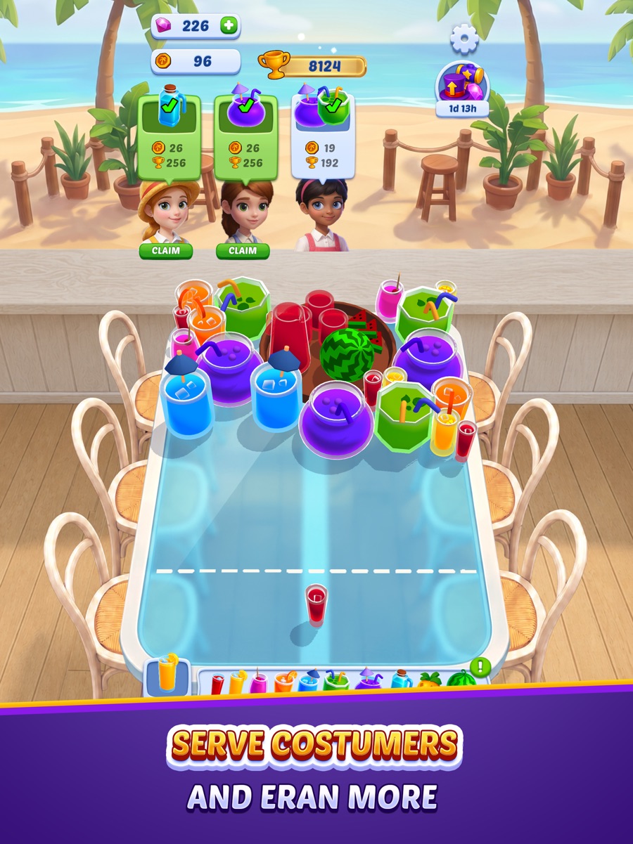 Customers at the beach bar with drink orders above them while the table fills with juice glasses