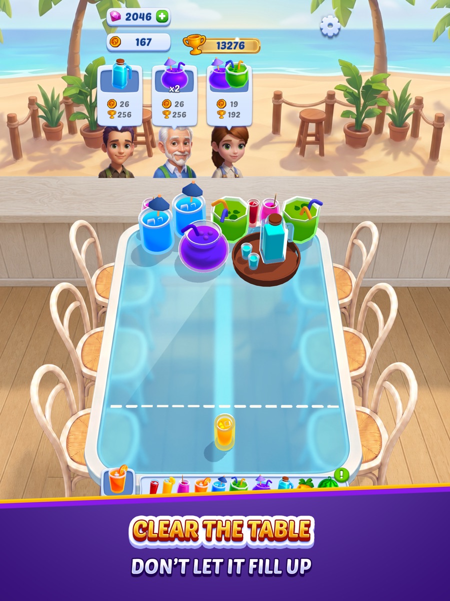 A juice glass ready to launch at the bottom of the table, with merged drinks above the dashed line